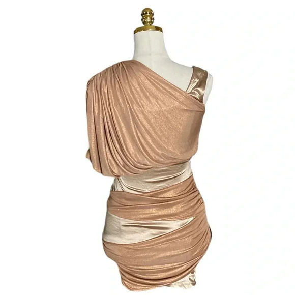 BEBE | Gold Metallic Colorblock Asymmetric Ruched Cocktail Mini Dress Size XS - Picture 6 of 9